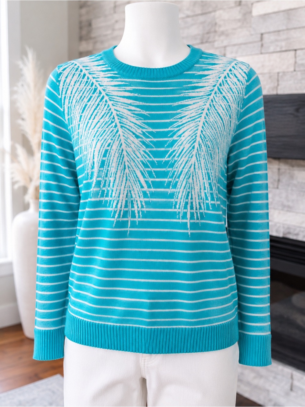 St John Collection Knit Palm Sweater Teal Resort Coastal L